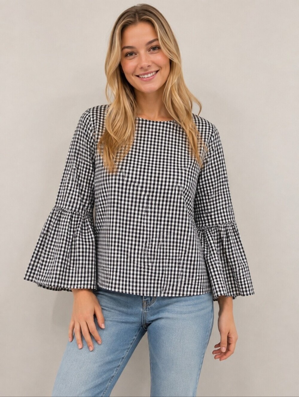❤️ BEACH LUNCH LOUNGE BELL SLEEVE COTTON GINGHAM TOP, SMALL